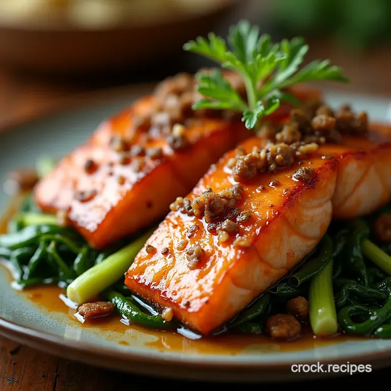 Sticky Sesameginger Glazed Salmon with Crispy Shallots and Bok Choy presentation