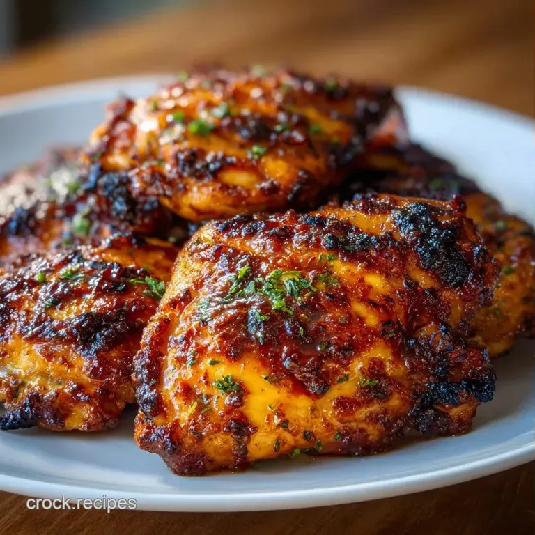 Sliced tender chicken thigh with a glistening glaze and a sprig of fresh parsley on a minimalist white ceramic plate.