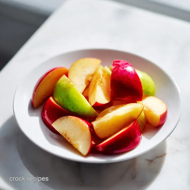 A single serving of glistening, tender cinnamon apples artfully arranged in a small white ramekin.