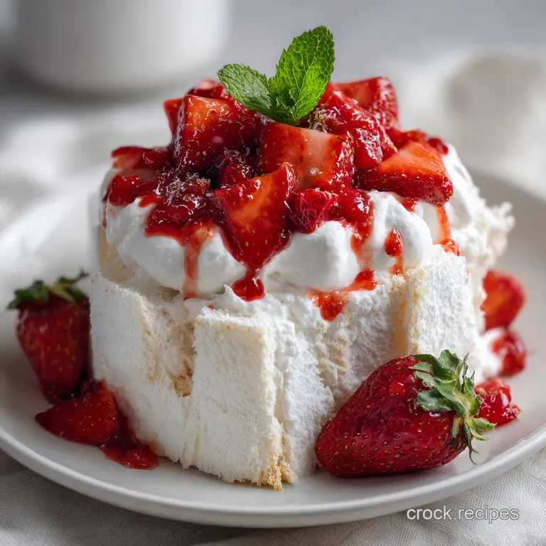 Delicate layers of angel food cake, ruby-red strawberries, and snowy whipped cream in a clear glass, a summery dessert dream.