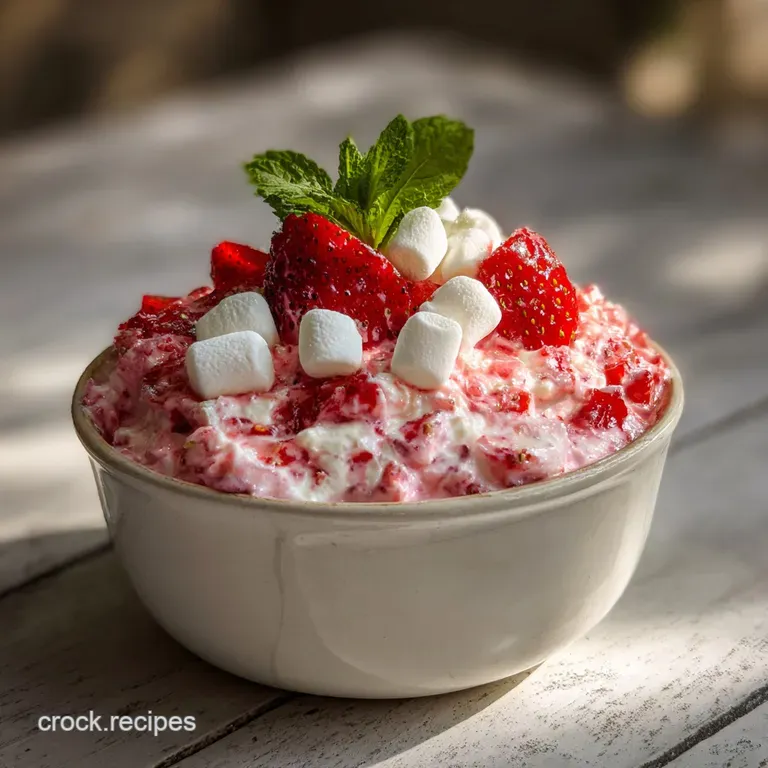 Individual glass dish of layered pink fluff salad, topped with whipped cream rosettes and a juicy, ripe strawberry; light,...