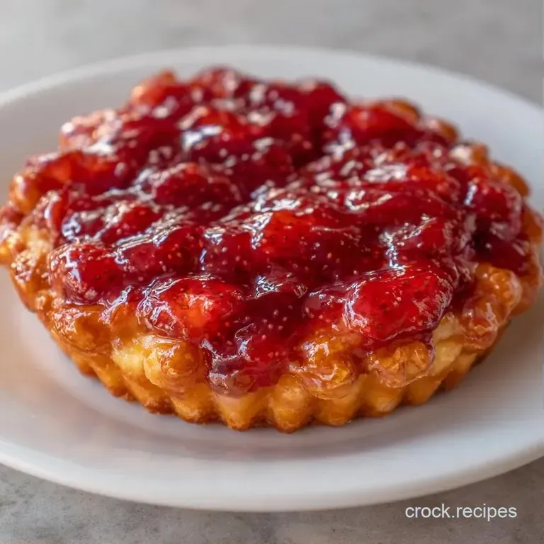 A slice of rustic tart with jammy red fruit on a white plate, topped with a dollop of whipped cream and mint leaf