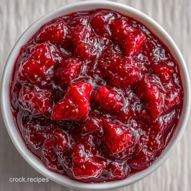 A dollop of glossy crimson fruit preserve resting on a toasted sourdough slice beside a sprig of fresh mint.
