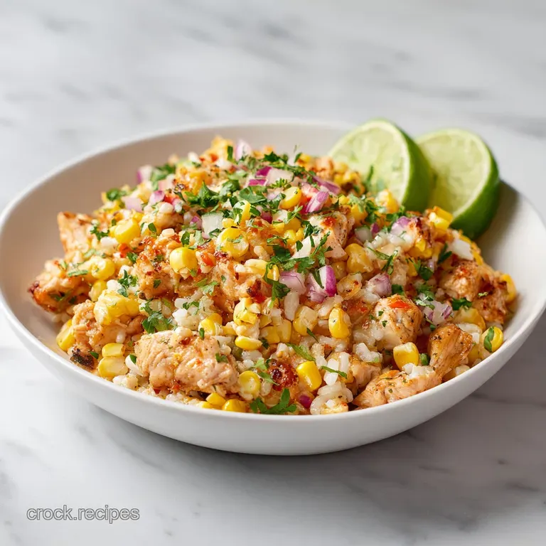 Beautifully plated rice bowl: grilled chicken, charred corn, bright cilantro, and creamy sauce, drizzled for an appetizing...