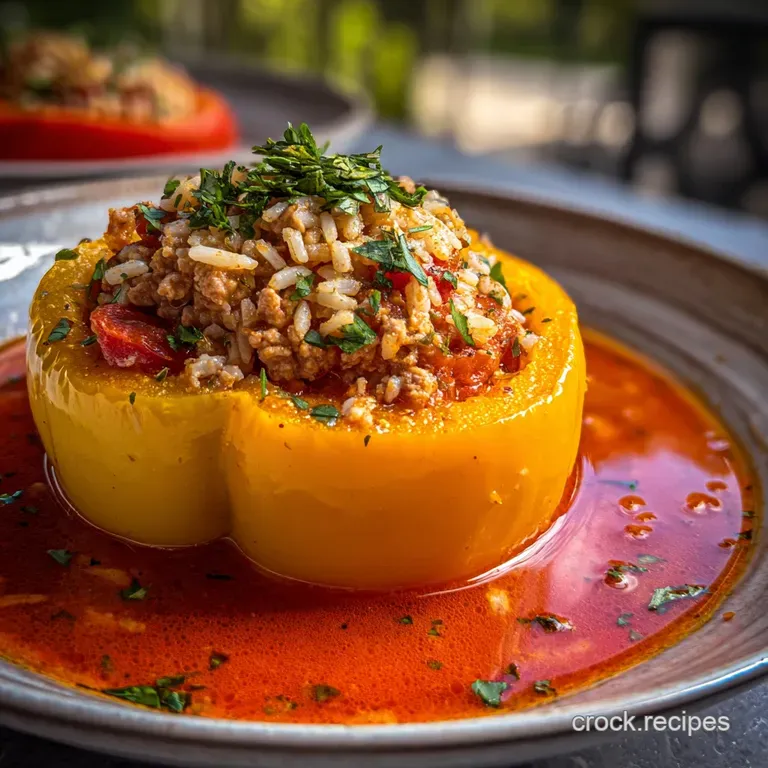 Bright red bell pepper soup swirls in a white bowl; a sprinkle of rice and fresh parsley garnish create an inviting warmth.