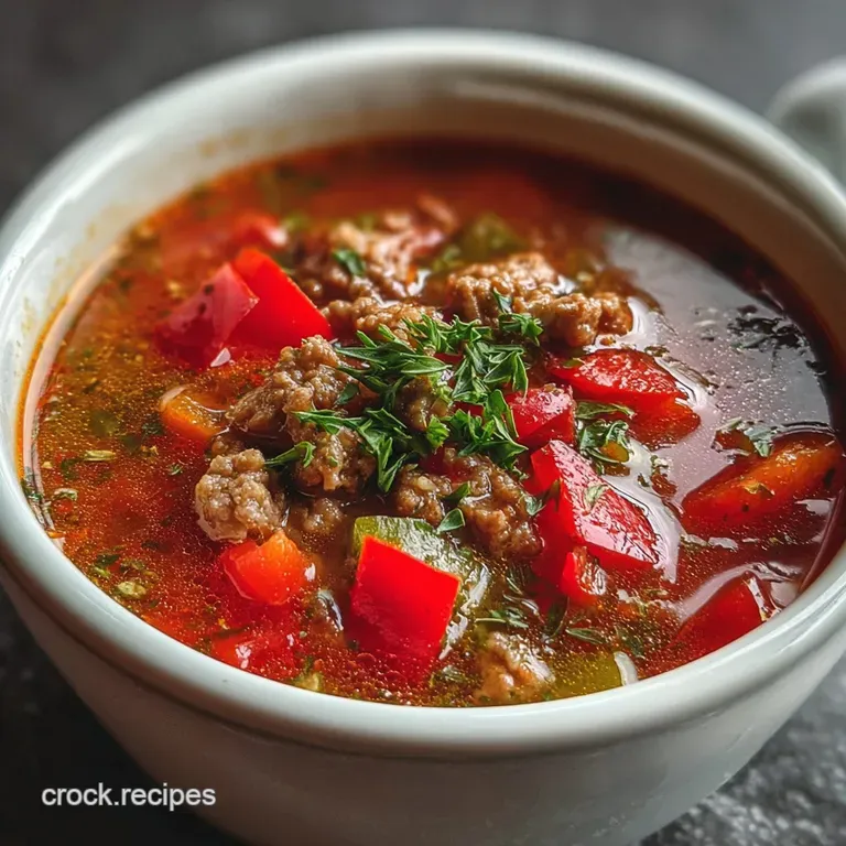 Elegant bowl of stuffed pepper soup with visible beef crumbles. Garnished with fresh herbs and a swirl of cream.