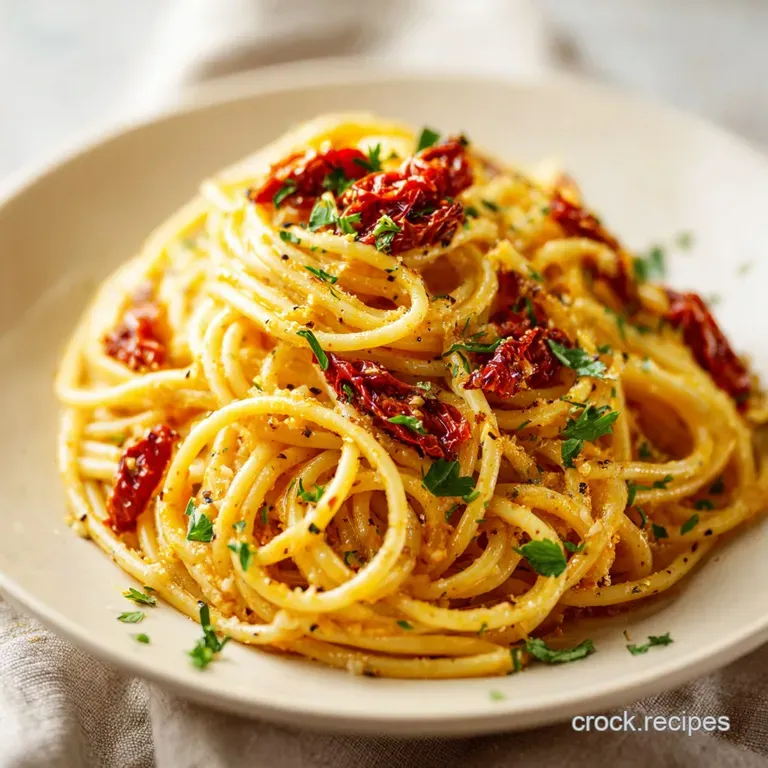 Elegant swirl of pasta on a white plate, brightened by red tomato pieces, and a sprinkle of fresh, green herbs.