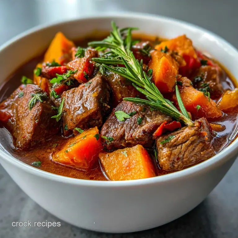 Elegant plating: steaming stew in a rustic bowl, garnished with fresh parsley, the beef glistening. Warm, inviting present...