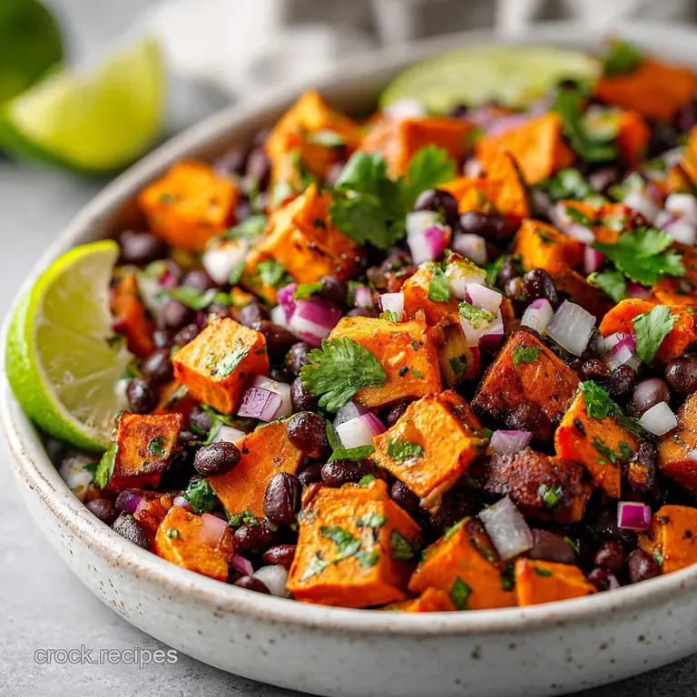 Artfully arranged sweet potato and black bean salad. The warm colors of the roasted vegetables contrast against a crisp wh...