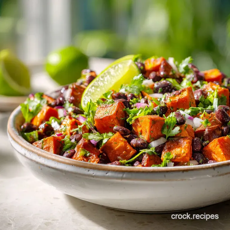 Vibrant salad with roasted sweet potatoes, black beans, and red onion, drizzled with a bright lime dressing. Earthy tones ...