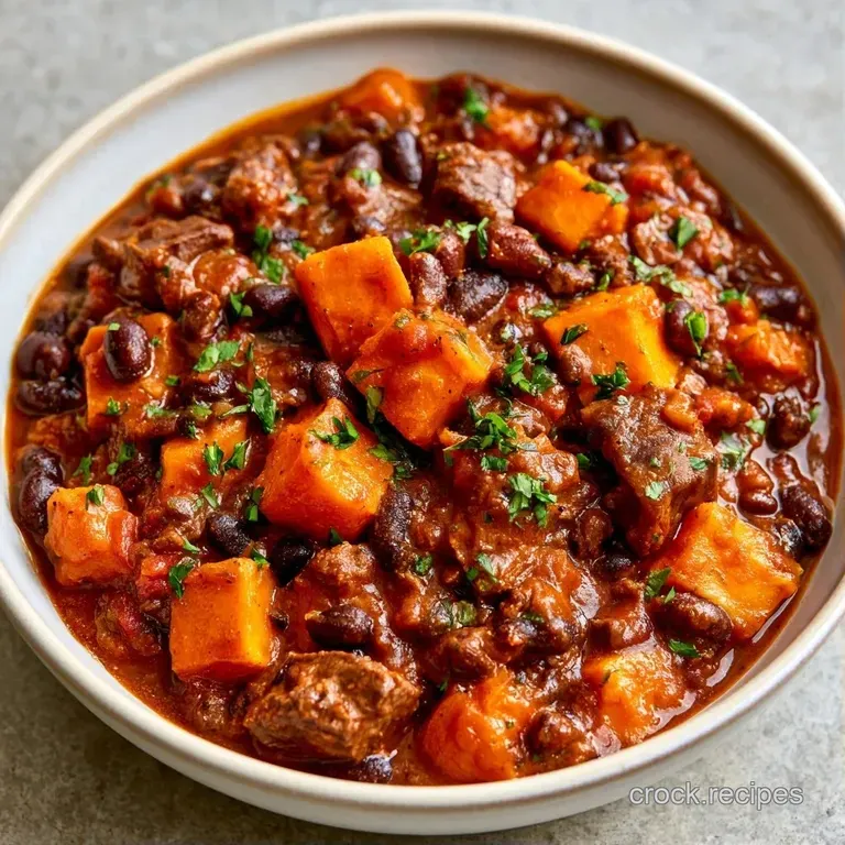 A rustic ceramic bowl of hearty stew topped with a swirl of white cream and chopped bright green scallions.