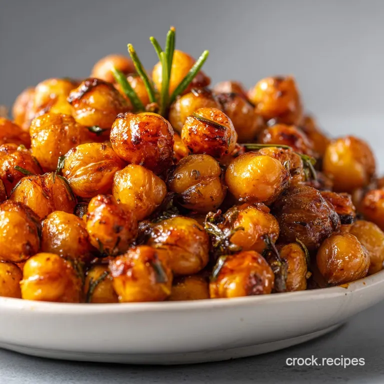Pile of warm, roasted chickpeas in a rustic bowl, vibrant spices clinging to them, suggesting a savory, aromatic, and sati...