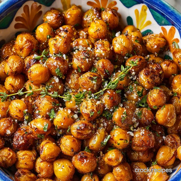 Overhead view of golden, spiced chickpeas scattered on parchment, some with a darker, crispy char, hinting at a crunchy te...