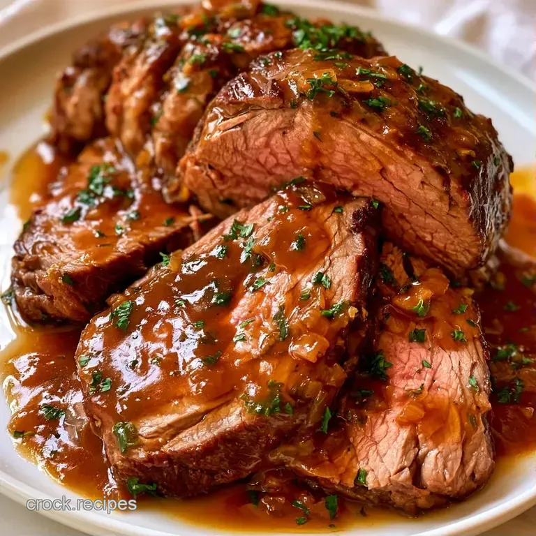 Slices of succulent beef drizzled with glossy brown sauce, served beside bright orange carrots on a white plate.