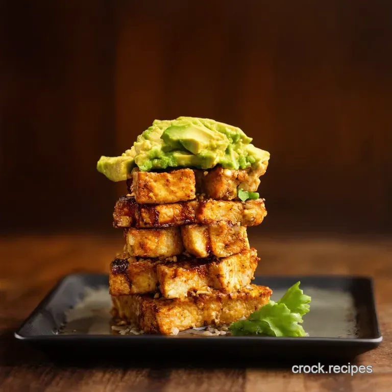 Teriyaki Tofu Tower of Zen Crispy Tofu Avocado Rice Stacks presentation
