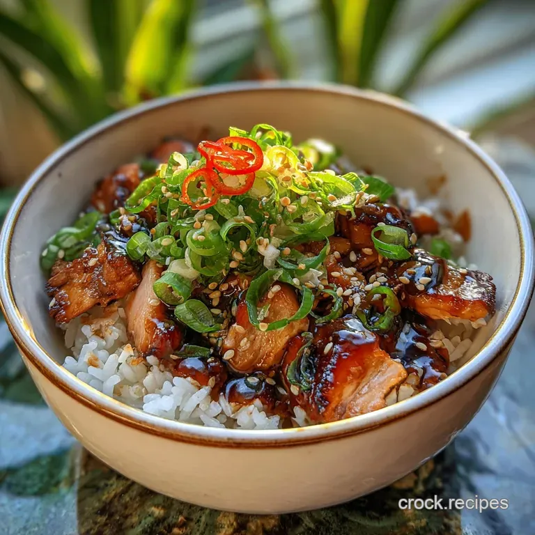 A single teriyaki turkey rice bowl, artfully arranged with vibrant green scallions and a glistening sauce, ready to be enj...