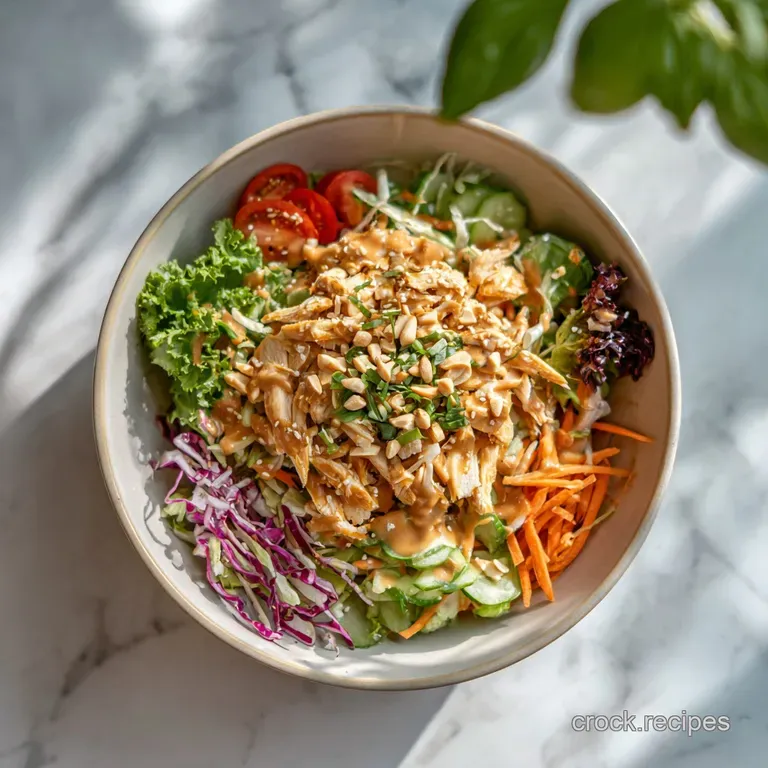 Neatly plated Thai chicken salad with a generous drizzle of dressing, topped with chopped peanuts & cilantro on a white pl...