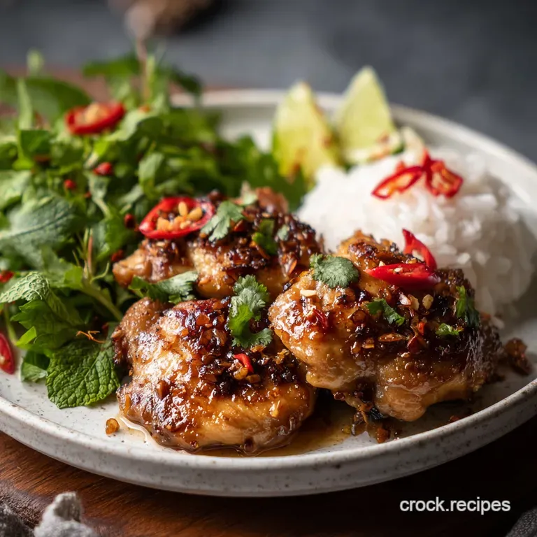 Elegant plate of Thai chicken: juicy, golden pieces, fragrant herbs, bright peppers atop fluffy rice. Inviting steam sugg...