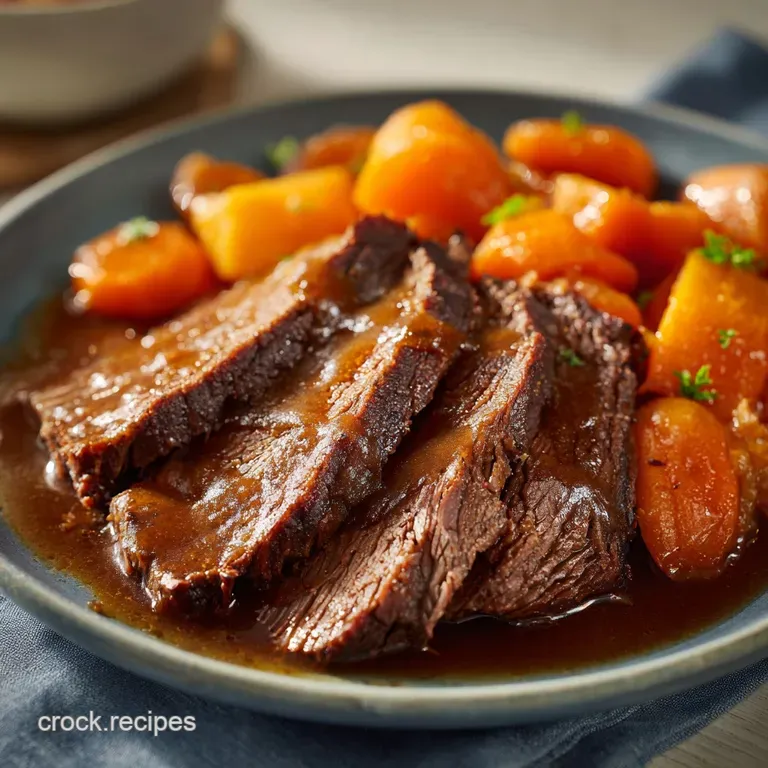 Slices of succulent roast beef topped with glossy brown gravy, served alongside glazed carrots and fluffy potatoes