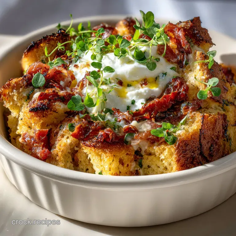 A slice of savory bread bake on a white plate shows layers of baked bread, vegetables, and melted cheese.