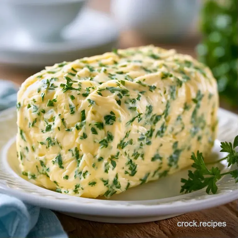 A chilled log of herb-infused butter tied with twine on a marble slab, garnished with a sprig of fresh rosemary.