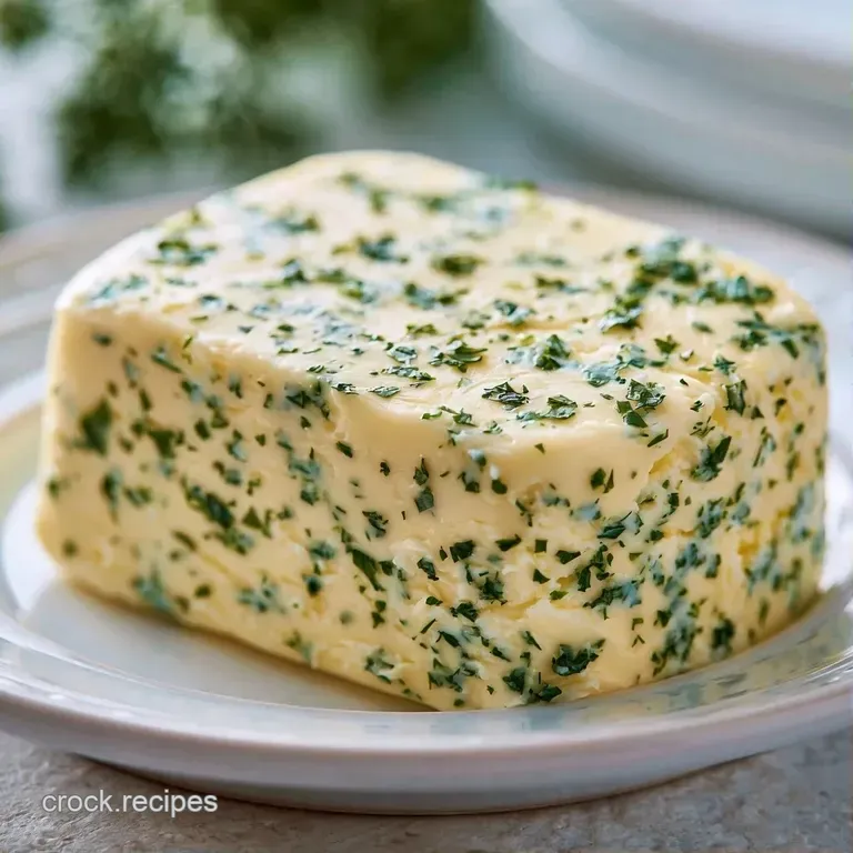 An elegant quenelle of pale yellow herb butter garnished with a tiny rosemary sprig on a matte white plate.
