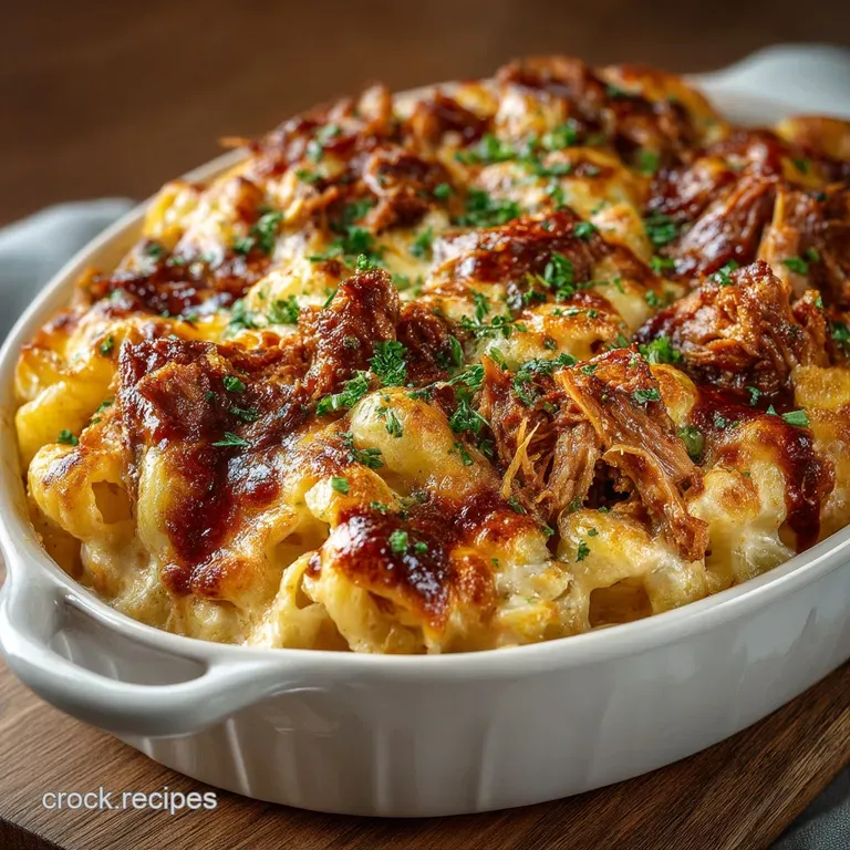 The Ultimate Smoky BBQ Pulled Pork Mac Cheese Bake presentation