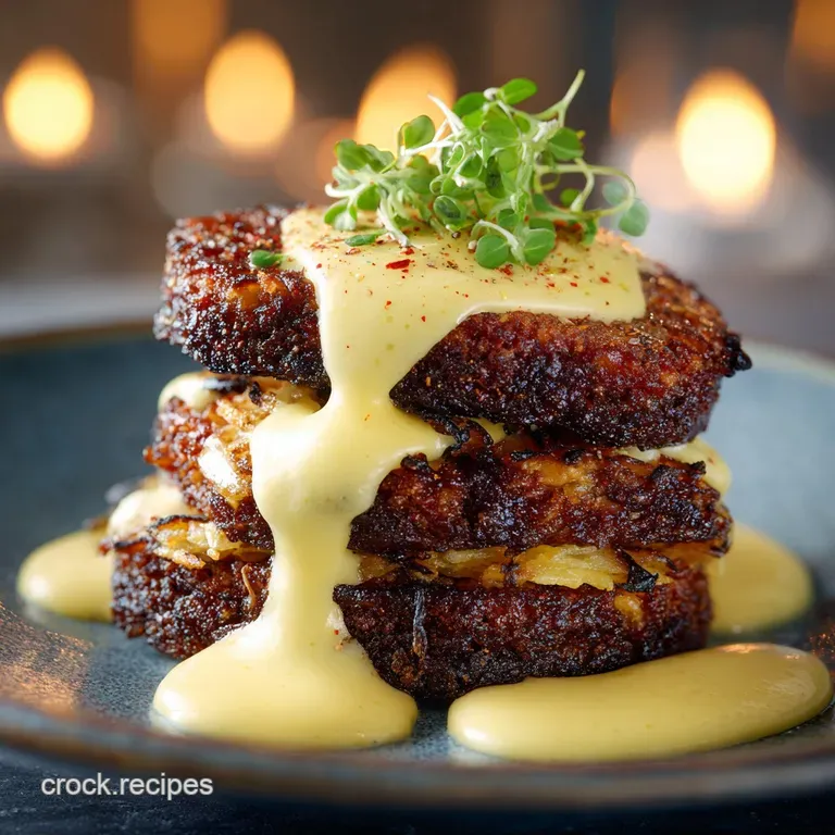 Black Pudding Stack with Mustard Hollandaise presentation