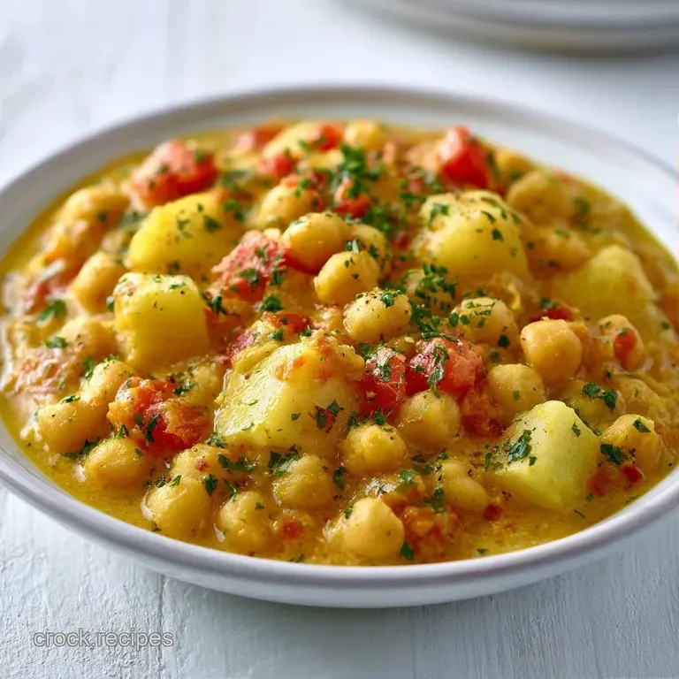 Hearty golden curry in a white ceramic bowl atop fluffy basmati rice, garnished with a lime wedge and creamy swirls.