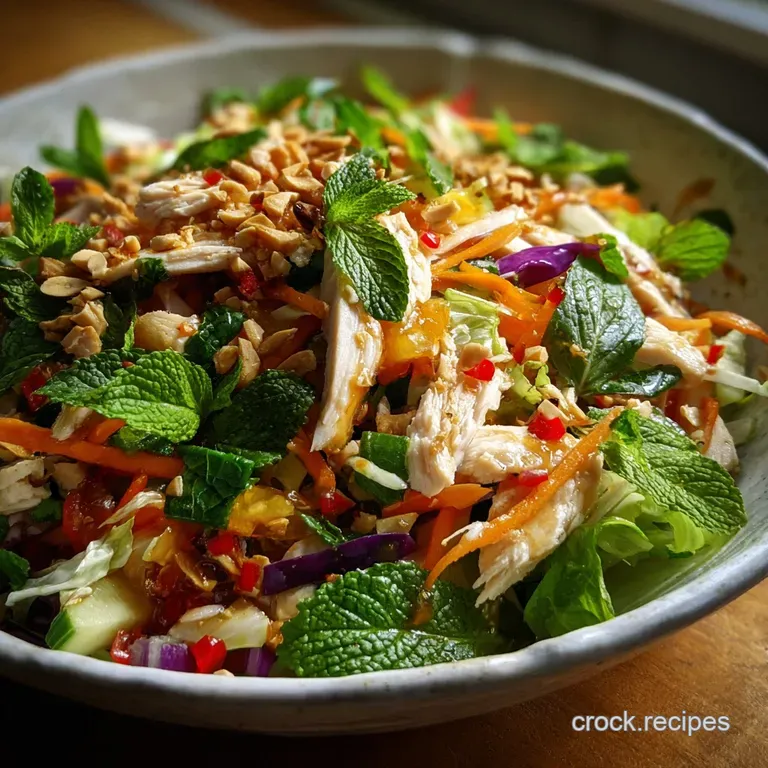 Elegant plate of Vietnamese chicken salad. Fluffy chicken, crisp herbs, colorful veggies, and crushed peanuts artfully arr...