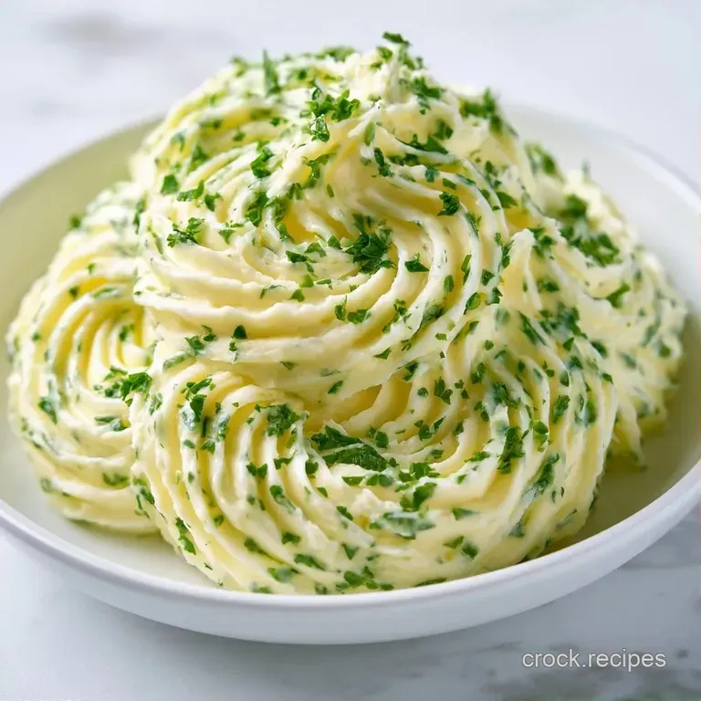 A velvety swirl of pale yellow butter garnished with a fresh parsley sprig on a polished white ceramic plate.