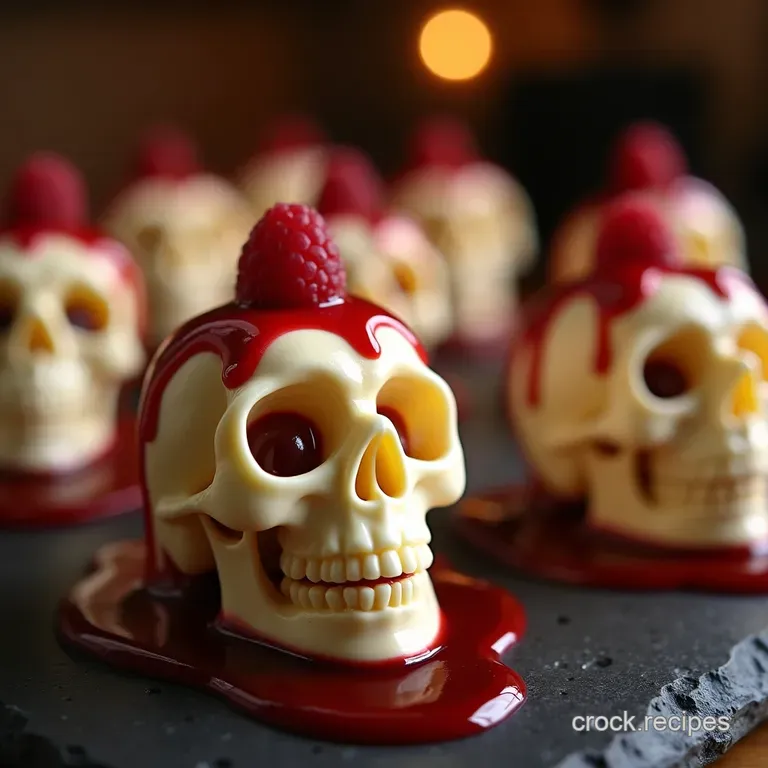 The Ghostly Grin Decadent White Chocolate Skull Mousse Domes with Raspberry Blood Coulis presentation