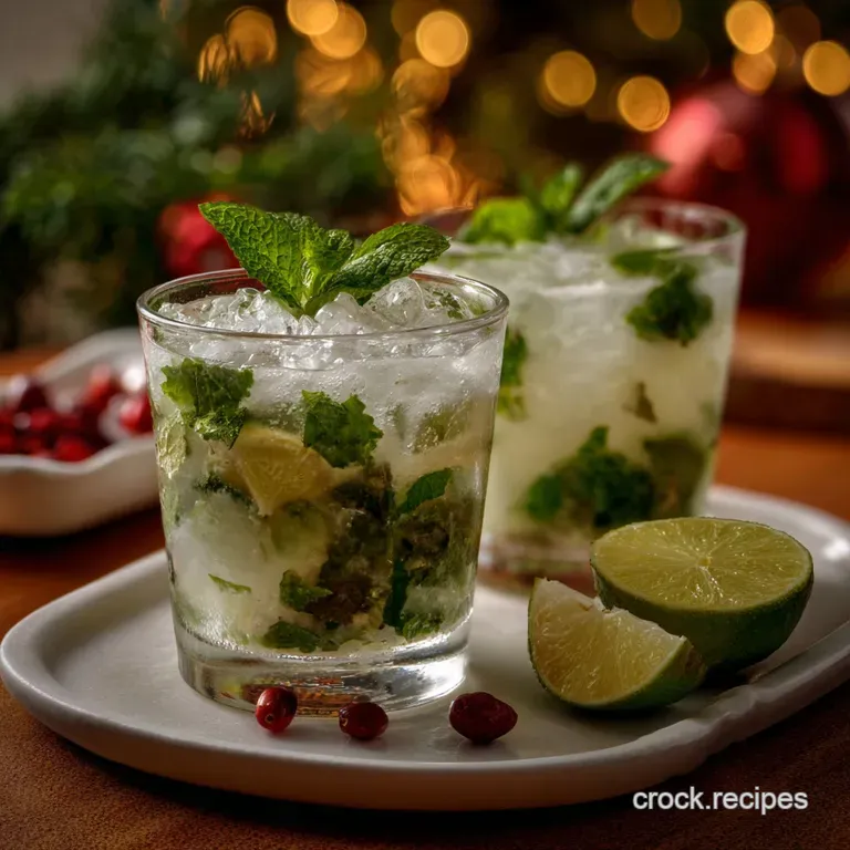 Refreshing white cocktail garnished with sprigs of mint and sugared cranberries, creamy texture with a light, airy feel, p...