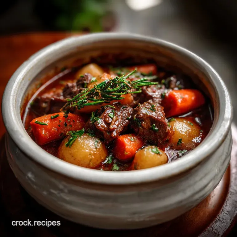 Elegant plate featuring a rich, dark gravy surrounding a perfectly seared cut of meat, garnished with fresh herbs and a dr...